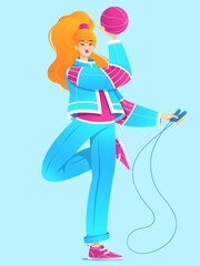 Modern sports girl with a sword and a skipping rope. Sports lifestyle vector illustration. Health and beauty.