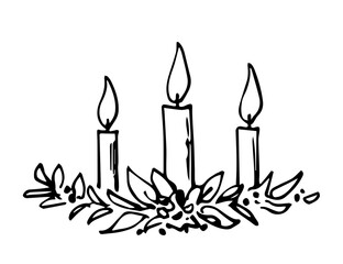 Simple vector black outline drawing. Burning candles, foliage wreath, holiday design. New Year's and Christmas.