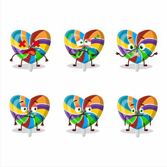 Fototapeta na wymiar Rainbow love twirl candy cartoon character with nope expression
