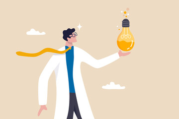 Experiment new creative idea, research to discover and invent new product, entrepreneurship mindset or business analysis concept, businessman experimenting new idea lightbulb to invent new product. - obrazy, fototapety, plakaty