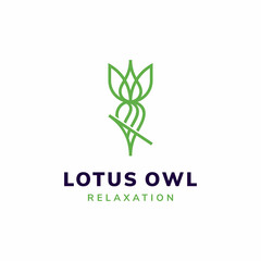 Illustration abstract green owl and lotus flower with creative idea simple line art for relaxation wellnes center logo design premium vector - obrazy, fototapety, plakaty