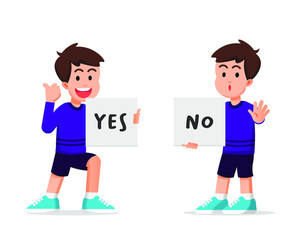 Little boy holding a paper that says yes and no