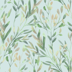 Fototapeta na wymiar Spring foliage. Seamless pattern in a watercolor style. Background for fabric, wallpaper, postcards.