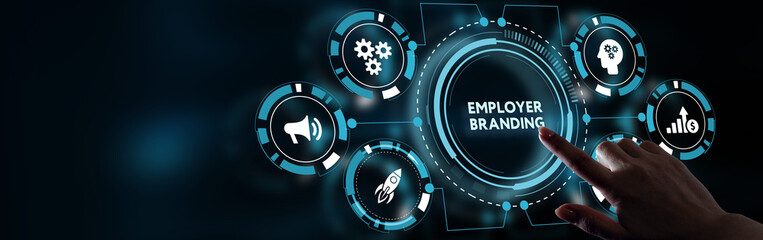 Technology, Internet and network concept. Young businessman shows the word: employer branding - obrazy, fototapety, plakaty