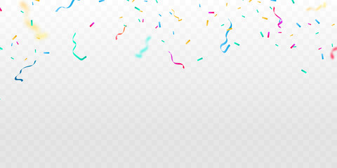 Celebration background template with confetti and colorful ribbons.