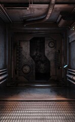 Fototapeta na wymiar Sci-fi gate door interior in dark 3D rendering abstract wallpaper background