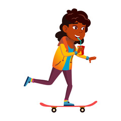 Schoolgirl Riding Skateboard And Drinking Vector. Happy African School Girl Ride Skate Board And Drinking Delicious Juice. Character Sport And Refreshment Beverage Flat Cartoon Illustration