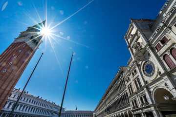 The Campanile Bell Tower under the sun in the Piazza San Marco in Venice, Italy. The Bell Tower was first erected in 1173.