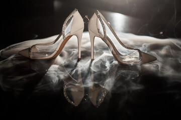 Beautiful white bride's shoes and golden wedding ring on dark table background, copy space. Wedding concept