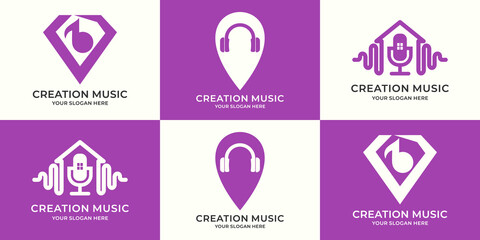 set of logo combination of tone music headphone location podcast house pulse