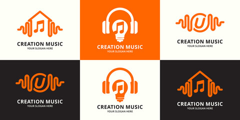 set of logo combination of tone house music headphone bulb letter u pulse music