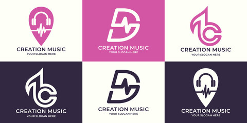 set of logo combination of headphone music frequency letter d tone abstract