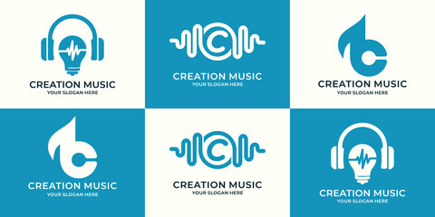 set of logo combination of headphone bulb music pulse letter c frequency abstract tone