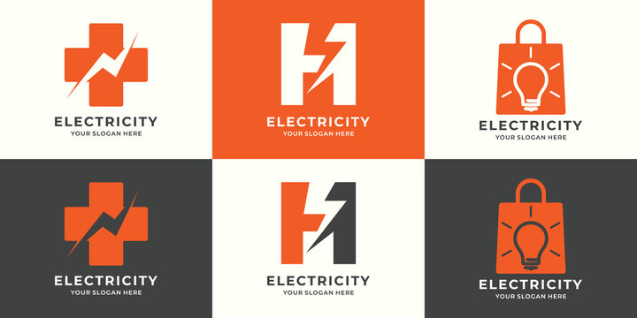 set of logo combination of cross health thunderbolt letter h electric bulb shop