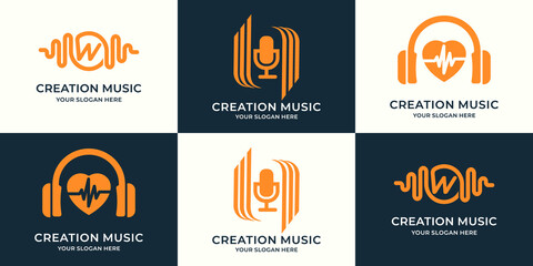set of logo combination of music pulse letter w podcast headphone love frequency