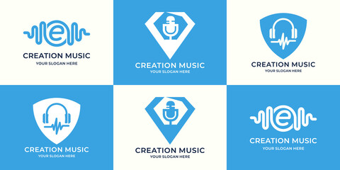set of logo combination of letter e music pulse luxury podcast shield headphone frequency