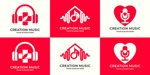 set of logo combination of headphone cross music tone house frequency podcast love