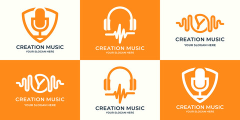 set of logo combination of shield podcast headphone music pulse letter y frequency