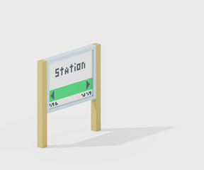 Station name board, a digital painting of Taipei railway station signboard for traveling by Taiwan train isometric voxel art raster 3D illustration render on white background.