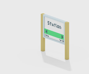 Station name board, a digital painting of Taipei railway station signboard for traveling by Taiwan train isometric voxel art raster 3D illustration render on white background.