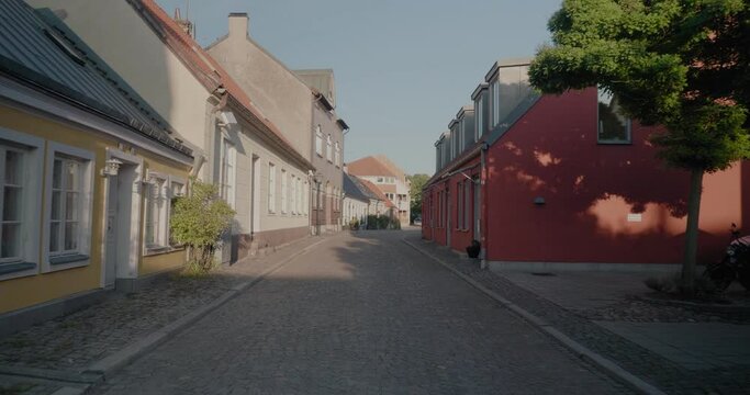 Walking Streets Of Ystad at Late Summer Afternoon, South Sweden Sk&aring;ne, Wide Shot Tracking Forward