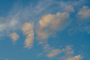 A combination of white high and medium cloud in the blue sky