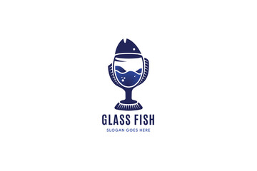 fish glass logo design template. combination flat blue on glass and fish, blue gradient on liquid water. isolated on white background.