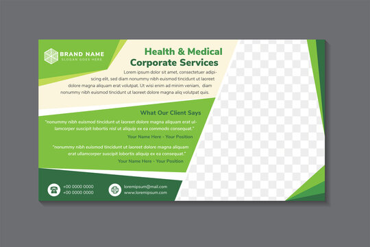 health and medical corporate services banner template, horizontal advertising business banner layout template flat green design, clean abstract cover header background for website design