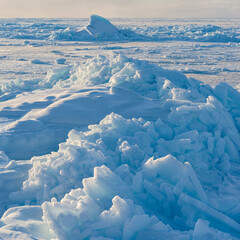 Ice floes at shore of frozen Disko Bay during winter, West Greenland, Denmark