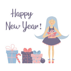 Cartoon Girl with gift box and Happy New Year text. Gift boxes, candy cane and Christmas ball are standing near the girl. Christmas greeting card.