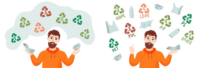 Man is sorting plastic garbage. Sorting plastic waste for recycling.