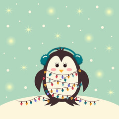 Сute penguin in winter headphones is wrapped in a garland. Vintage winter card with shining lights and snow. Vector illustration.