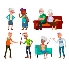 Obraz na płótnie Canvas Old Women And Men Couple Quarreling Set Vector. Elderly People Quarreling And Arguing Together With Aggression Negative Emotion. Mature Characters Disagreement Flat Cartoon Illustrations