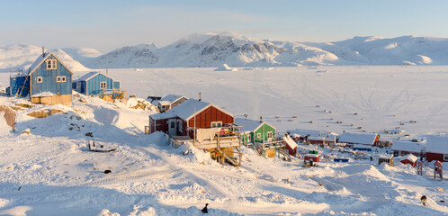 The traditional and remote Greenlandic Inuit village Kullorsuaq located at the Melville Bay, in the...