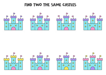 Find two identical castles. Educational game for preschool children.