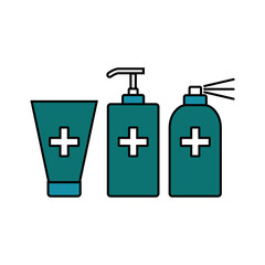 Antiseptic icons. Three different packages of antiseptic medicine for disinfection. Vector illustration isolated on a white background for design and web.
