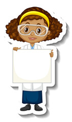 Scientist girl holding empty board in sticker style