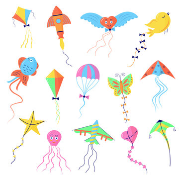 Set of colorful flying wind kites. Kite festival elements of different types and shapes.