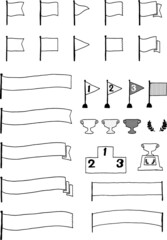 A set of vector illustrations of various flags and championship cups drawn in black and white pen.