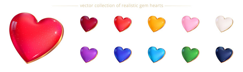 Obraz na płótnie Canvas Vector set of luxury gem valentines. Detailed icons of beautiful hearts with a different colors. Collection of realistic 3D cabochons. Precious elements for wedding designs and romantic fashion