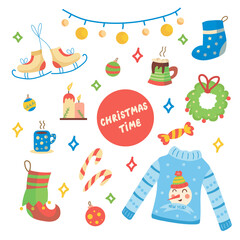 Set of christmas elements. Flat vector illustration with christmas sweater, skates, christmas wreath, balls, garland, cocoa, candles, candies, christmas sock, snowman. Happy New Year set.