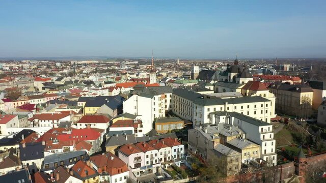 Historical aerial city Olomouc, drone aerial video shot view panorama from the tower of the Gothic church of St. Moritz, city town hall Olomouc Gothic building, baroque Church of St Michael