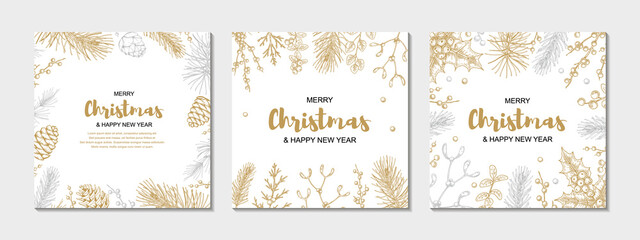 Set of Merry Christmas and happy New Year greeting cards with floral elements. Hand drawn vector illustration