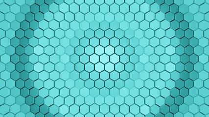 Abstract Hexagon Background Shapes with Cyan Gradient Color, 4K Hexagon Backdrop. Futuristic Cyan Background Texture. 3D Rendered, 3D Illustration