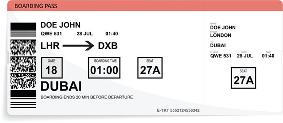 Red vector airline passenger and baggage boarding pass ticket - obrazy, fototapety, plakaty