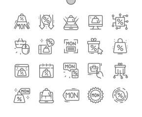 Cyber Monday. Online shopping day. Sale and discount. Promotion, special price. Pixel Perfect Vector Thin Line Icons. Simple Minimal Pictogram