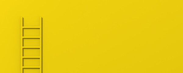 Yellow staircase on yellow background. Staircase stands vertically near wall. Way to success of concept. Banner for insertion into site. 3D image. 3D rendering.