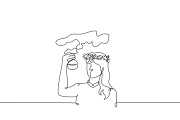 long haired woman in wreath of flowers makes natural cosmetics - one line drawing vector. woman holding small bottle of steaming liquid. witch brews potion, the healer creates folk medicine