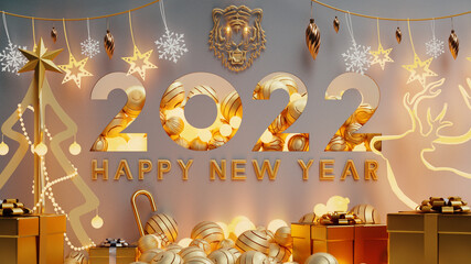Happy New Year 2022. Hanging golden 3D numbers with ribbons and confetti on a defocused colorful, bokeh background, abstract