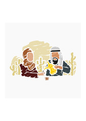 Editable Vector of Brush Strokes Style Arab Man Pouring Arabic Coffee From Dallah Pot into Finjan Cup for His Wife Illustration for Islamic Moments or Arabian Culture Cafe and Family Related Design